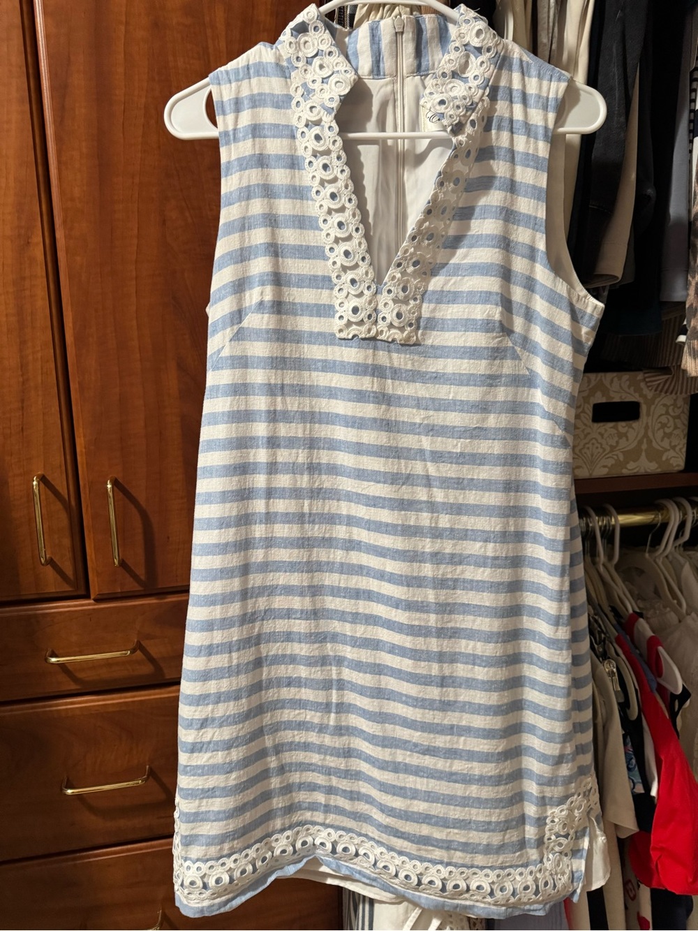Eliza J Light Blue and White Striped Eyelet V-Neck Sundress